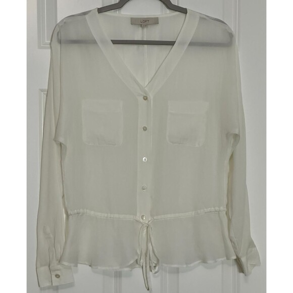 LOFT Tops - LOFT Sheer Button Front Blouse XS Drawstring Waist Clean Girl Romantic Feminine